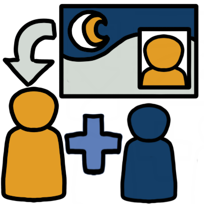 a companion card, drawn as rectangle with blue wavy shape on the top and silver field. it contains a passport-type photo of a yellow figure, and a logo of a silver 'c' circling around a yellow 'c'. a silver arrow points down from the card to a yellow figure. beside the figure is a light blue plus sign next to a blue figure.